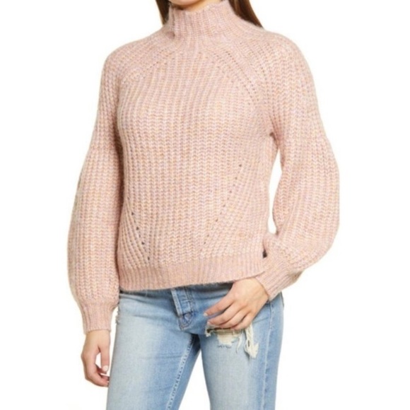 New All In Favor Mauve Knit Mock Neck Wool Blend  Puff Sleeve Sweater - Picture 1 of 12